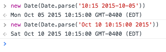 new Date(Date.parse('10:15 2015-10-05)) running successfully in the Chrome dev tools