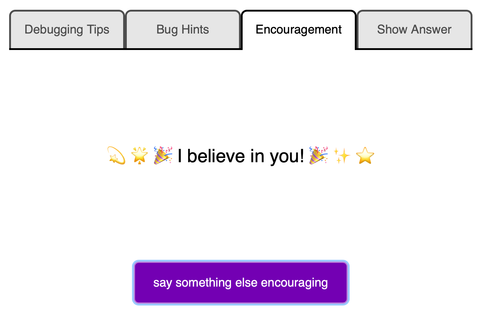 the Debug Trainer app on the “Encouragement” tab with some text that says “I believe in you” with a bunch of emoji around it
