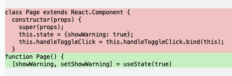 a Git diff of replacing a React constructor function with a useState call