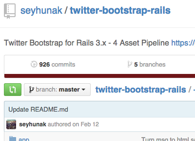 the twitter-bootstrap-rails GitHub page show a commit with "authored on Feb 12" next to it