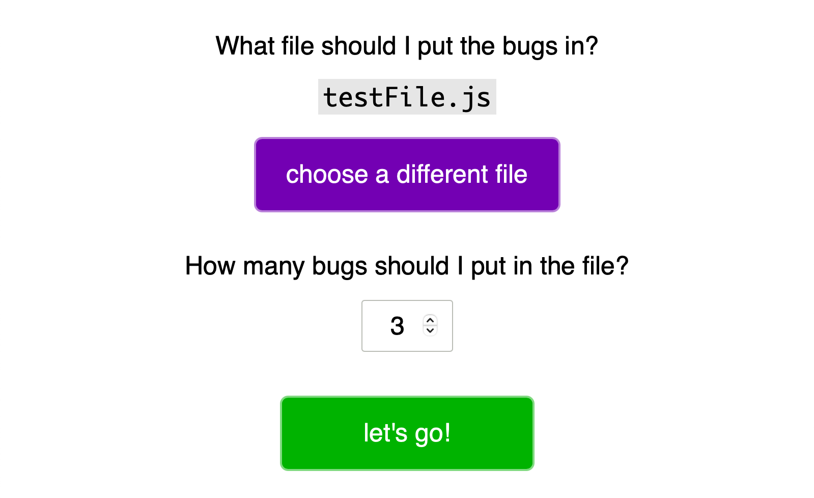 the Debug Trainer app screen for selecting how many bugs to put into a file
