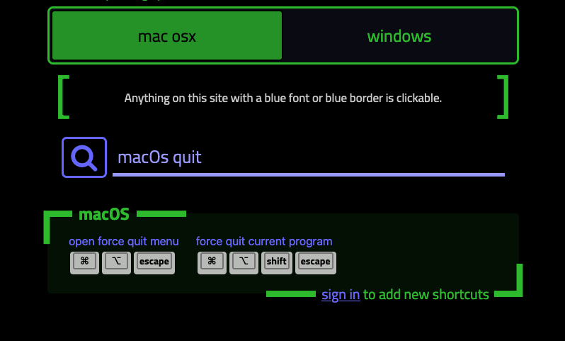 search results on Press Any Key for "macOs quit" shortcuts