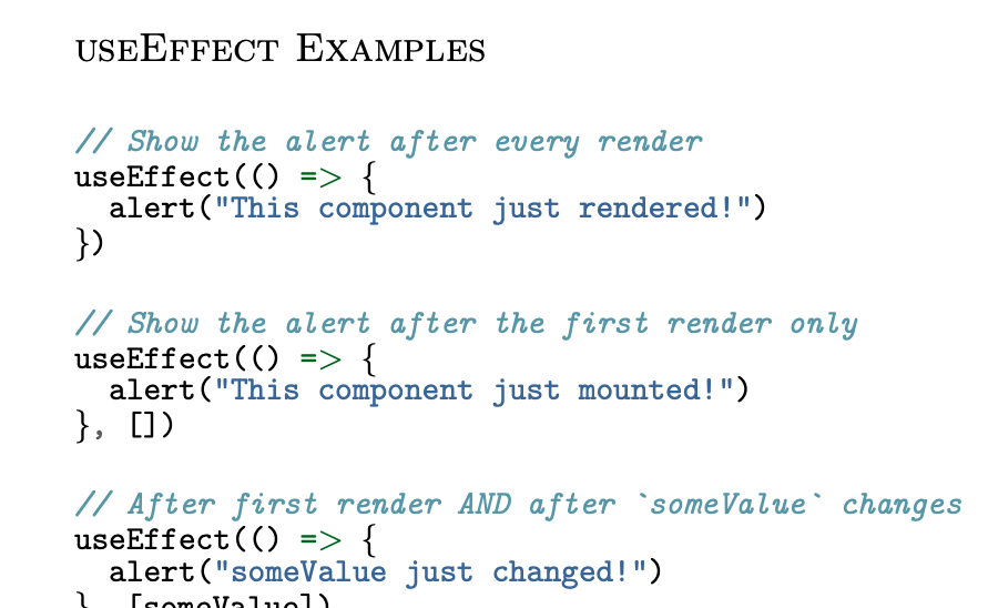 part of a cheatsheet with some examples of usage of the React Hooks useEffect function